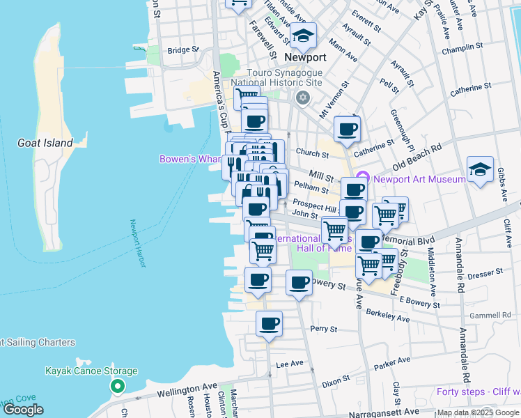 map of restaurants, bars, coffee shops, grocery stores, and more near 320 Thames Street in Newport
