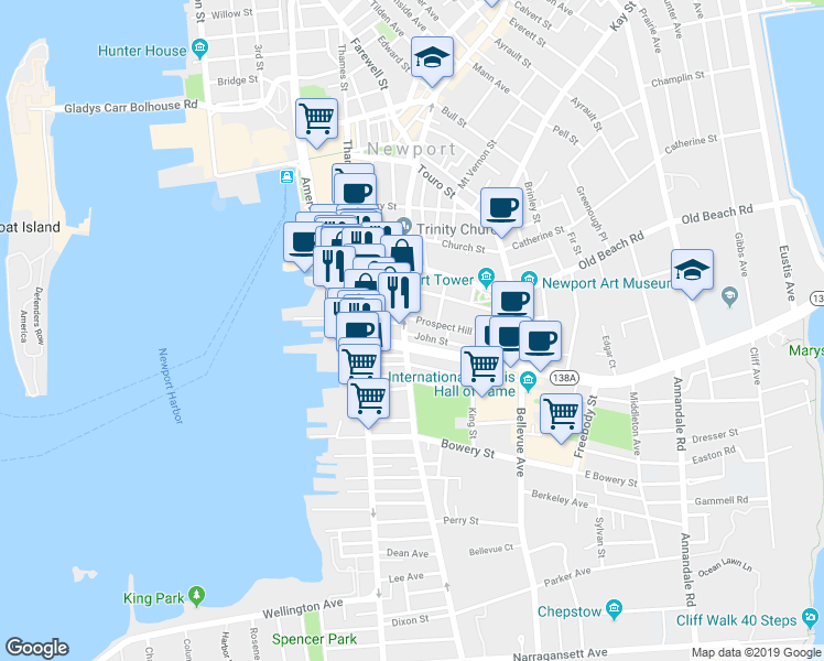 map of restaurants, bars, coffee shops, grocery stores, and more near 228 Spring Street in Newport