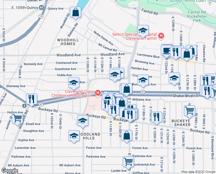 map of restaurants, bars, coffee shops, grocery stores, and more near 11311 Shaker Boulevard in Cleveland