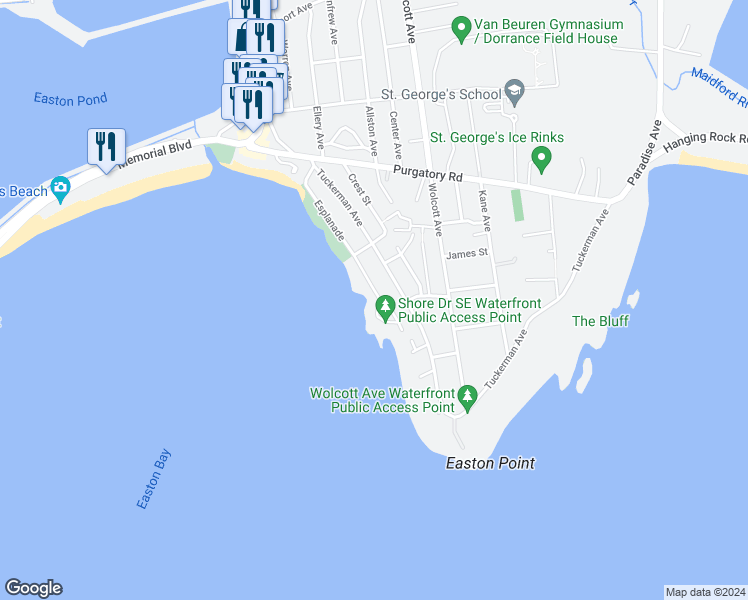 map of restaurants, bars, coffee shops, grocery stores, and more near 53 Shore Drive in Middletown