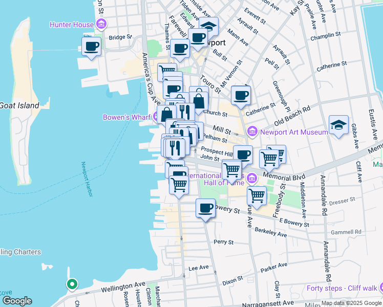 map of restaurants, bars, coffee shops, grocery stores, and more near 209 Spring Street in Newport
