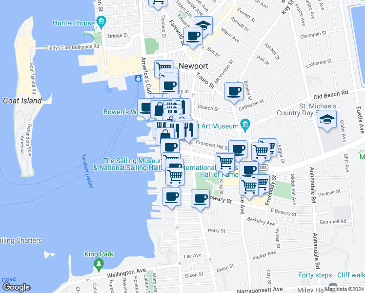 map of restaurants, bars, coffee shops, grocery stores, and more near 320 Thames Street in Newport