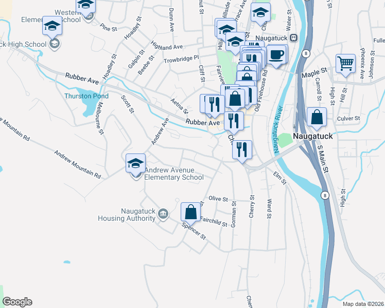 map of restaurants, bars, coffee shops, grocery stores, and more near 150 Scott Street in Naugatuck