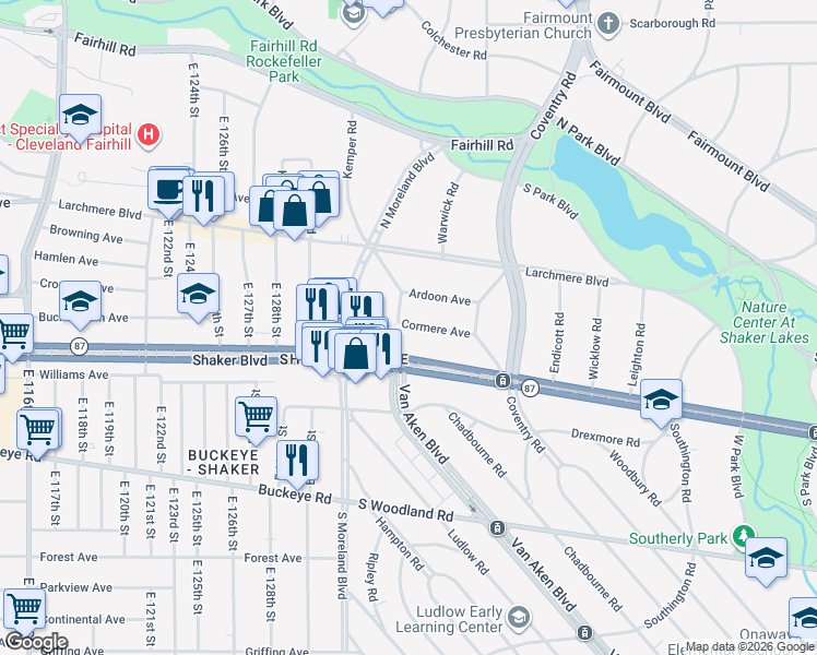 map of restaurants, bars, coffee shops, grocery stores, and more near 13500 Ardoon Avenue in Cleveland