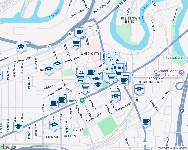 map of restaurants, bars, coffee shops, grocery stores, and more near 2820 Jay Avenue in Cleveland