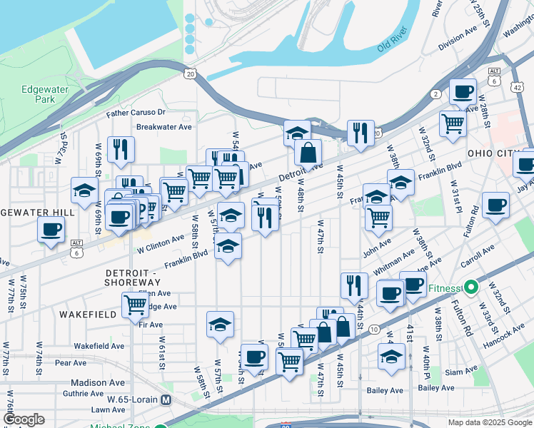 map of restaurants, bars, coffee shops, grocery stores, and more near 1428 West 50th Street in Cleveland