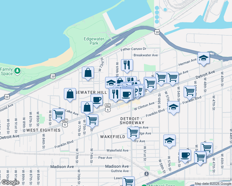 map of restaurants, bars, coffee shops, grocery stores, and more near 1329 West 69th Street in Cleveland
