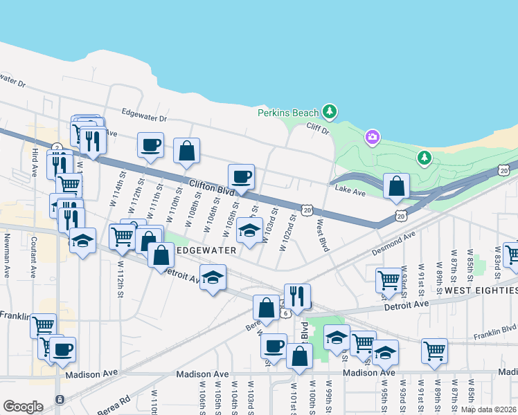 map of restaurants, bars, coffee shops, grocery stores, and more near 10330 Clifton Boulevard in Cleveland