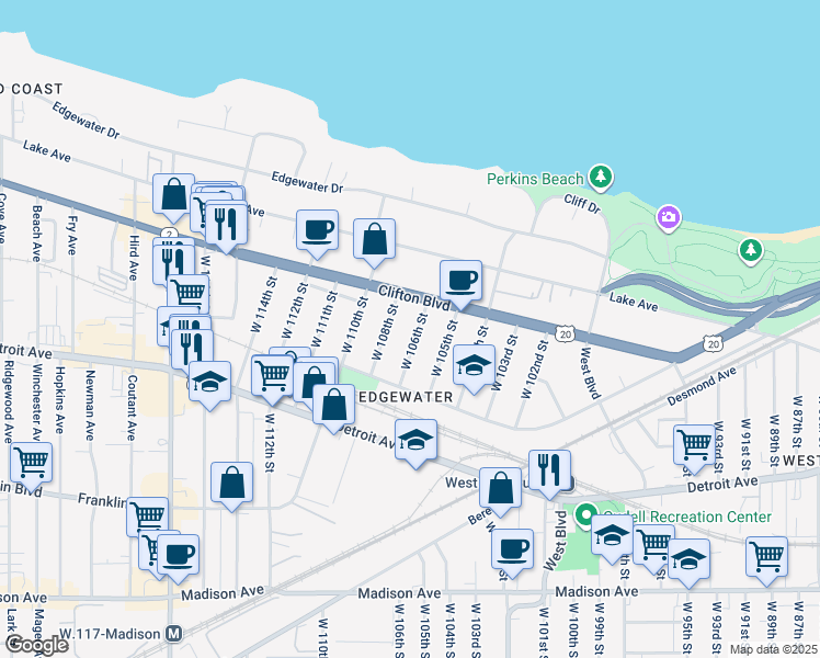 map of restaurants, bars, coffee shops, grocery stores, and more near 10603 Clifton Boulevard in Cleveland