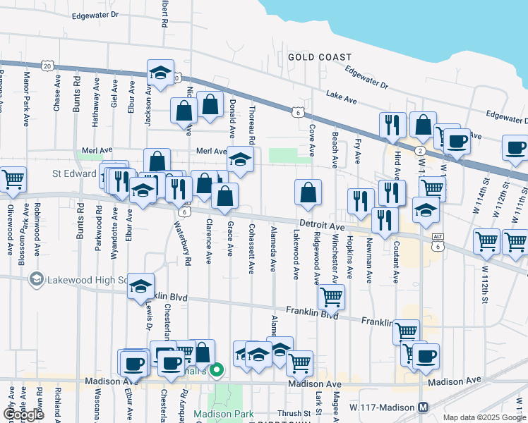 map of restaurants, bars, coffee shops, grocery stores, and more near 1366 Thoreau Road in Lakewood