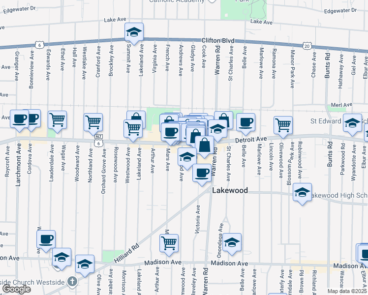 map of restaurants, bars, coffee shops, grocery stores, and more near 1385 Andrews Avenue in Lakewood