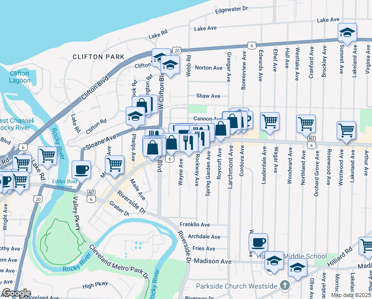 map of restaurants, bars, coffee shops, grocery stores, and more near 1372 Webb Road in Lakewood
