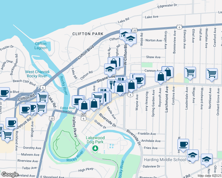 map of restaurants, bars, coffee shops, grocery stores, and more near 1331 Phelps Avenue in Lakewood