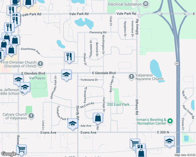 map of restaurants, bars, coffee shops, grocery stores, and more near 2230 East Glendale Boulevard in Valparaiso