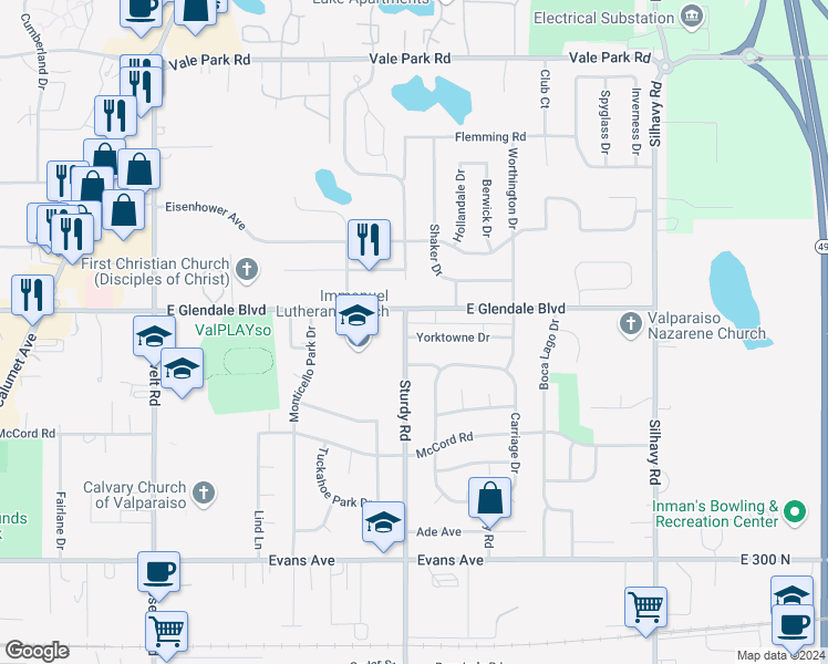 map of restaurants, bars, coffee shops, grocery stores, and more near 2003 East Glendale Boulevard in Valparaiso