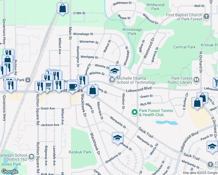 map of restaurants, bars, coffee shops, grocery stores, and more near 222 Wilson Street in Park Forest