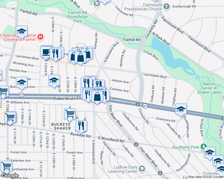 map of restaurants, bars, coffee shops, grocery stores, and more near 13500 Ardoon Avenue in Cleveland