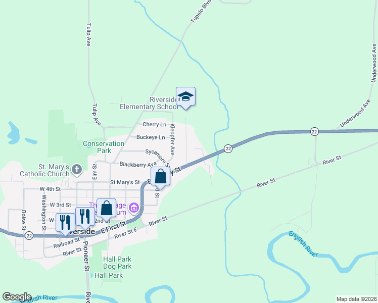 map of restaurants, bars, coffee shops, grocery stores, and more near 200-210 Schnoebelen Street in Riverside