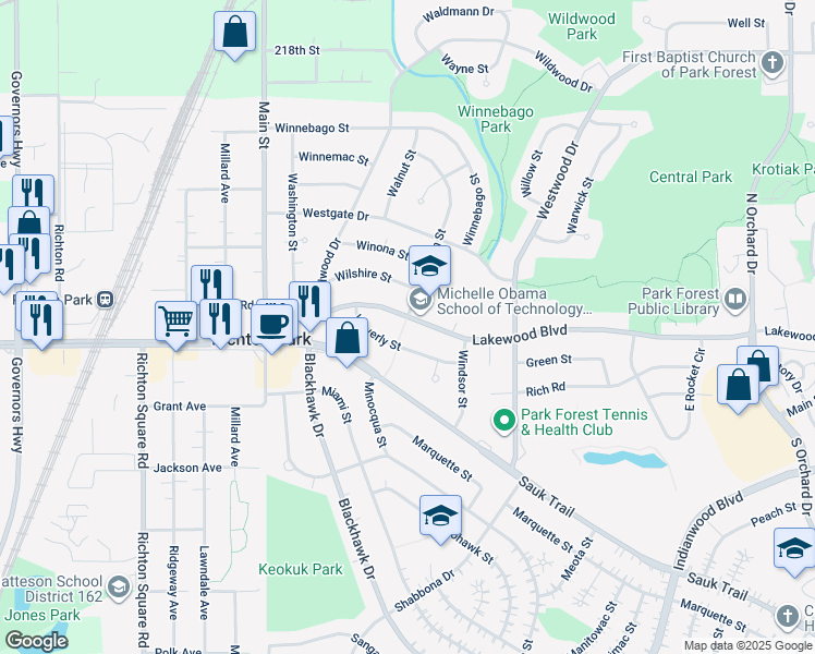 map of restaurants, bars, coffee shops, grocery stores, and more near 222 Wilson Street in Park Forest