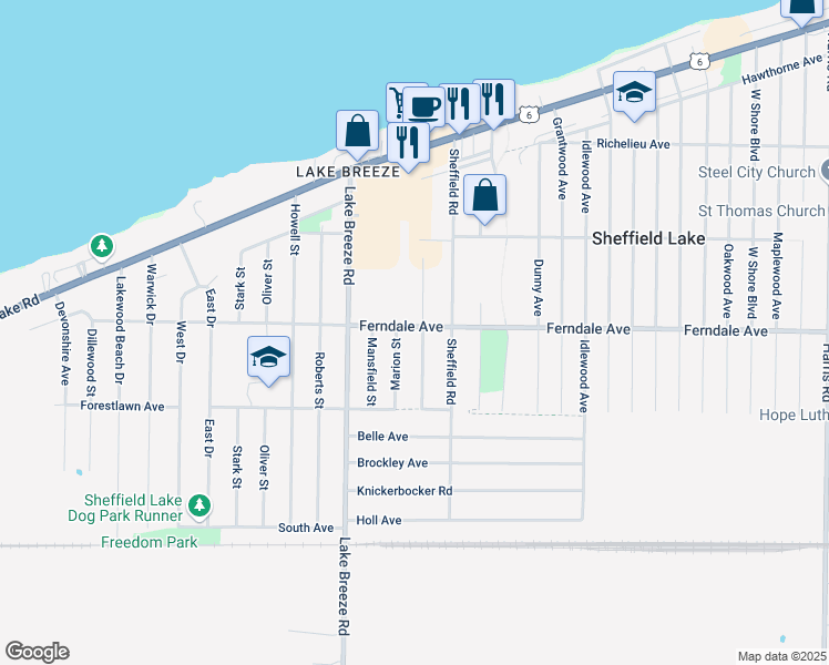 map of restaurants, bars, coffee shops, grocery stores, and more near 777 Community Road in Sheffield Lake
