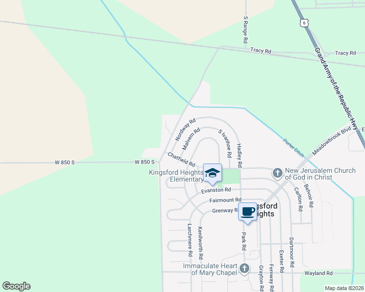 map of restaurants, bars, coffee shops, grocery stores, and more near 4011 Nordway Road in Kingsford Heights