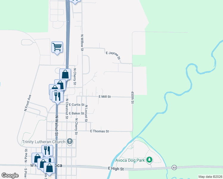 map of restaurants, bars, coffee shops, grocery stores, and more near in Avoca