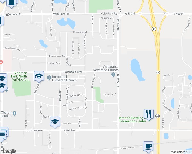 map of restaurants, bars, coffee shops, grocery stores, and more near 2511 Country Court in Valparaiso