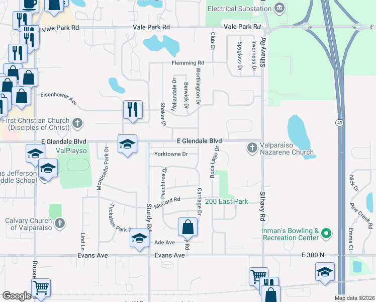 map of restaurants, bars, coffee shops, grocery stores, and more near 2230 East Glendale Boulevard in Valparaiso