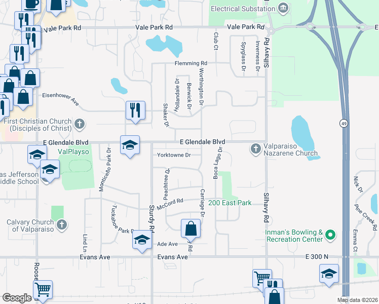 map of restaurants, bars, coffee shops, grocery stores, and more near 2230 East Glendale Boulevard in Valparaiso