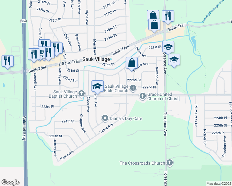 map of restaurants, bars, coffee shops, grocery stores, and more near 2119 223rd Street in Sauk Village