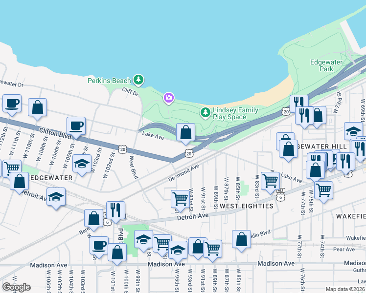 map of restaurants, bars, coffee shops, grocery stores, and more near 9401 Lake Avenue in Cleveland