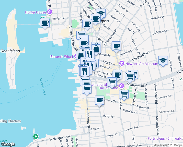 map of restaurants, bars, coffee shops, grocery stores, and more near 209 Spring Street in Newport