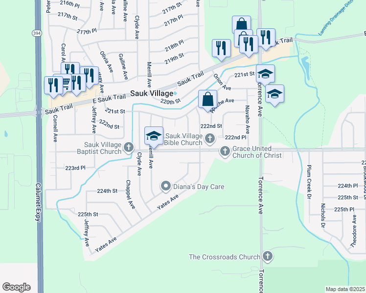 map of restaurants, bars, coffee shops, grocery stores, and more near 2119 223rd Street in Sauk Village