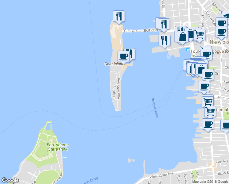 map of restaurants, bars, coffee shops, grocery stores, and more near 305 America in Newport