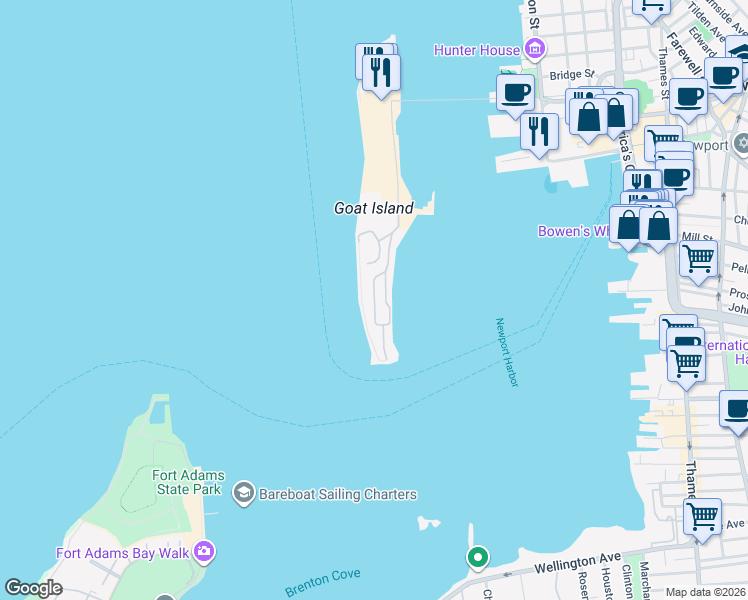 map of restaurants, bars, coffee shops, grocery stores, and more near 217 America in Newport