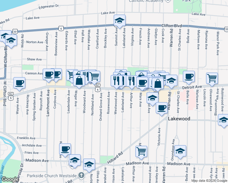 map of restaurants, bars, coffee shops, grocery stores, and more near 15707 Detroit Avenue in Lakewood