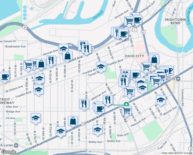 map of restaurants, bars, coffee shops, grocery stores, and more near 3805 Terrett Avenue in Cleveland