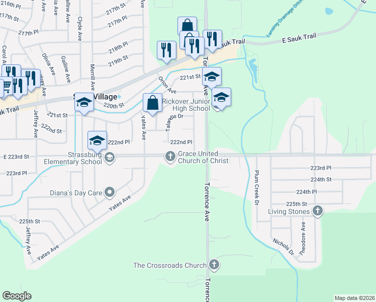 map of restaurants, bars, coffee shops, grocery stores, and more near 2517 East 223rd Street in Sauk Village