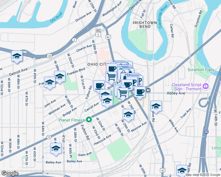 map of restaurants, bars, coffee shops, grocery stores, and more near 2700 Bridge Avenue in Cleveland