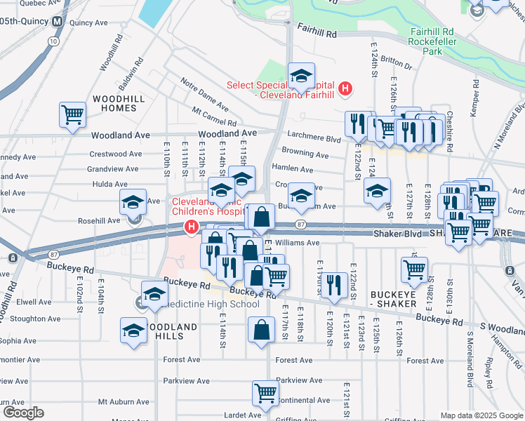 map of restaurants, bars, coffee shops, grocery stores, and more near 11535 Shaker Boulevard in Cleveland