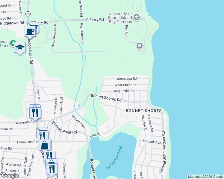 map of restaurants, bars, coffee shops, grocery stores, and more near 24 What Cheer Road in Narragansett
