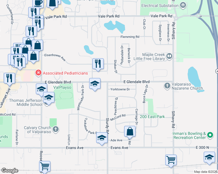 map of restaurants, bars, coffee shops, grocery stores, and more near 2003 East Glendale Boulevard in Valparaiso