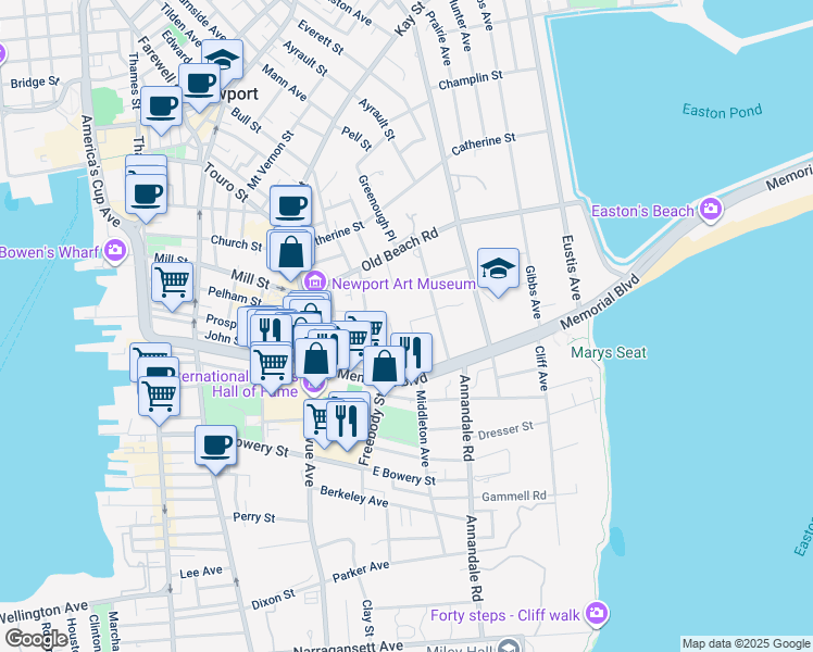 map of restaurants, bars, coffee shops, grocery stores, and more near 27 Red Cross Avenue in Newport