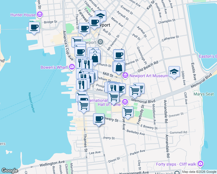 map of restaurants, bars, coffee shops, grocery stores, and more near 12 Corne Street in Newport