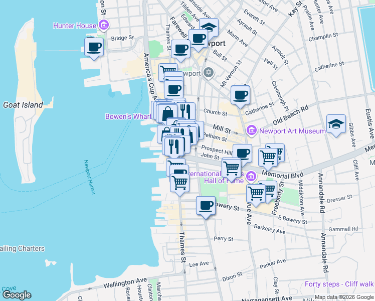 map of restaurants, bars, coffee shops, grocery stores, and more near 320 Thames Street in Newport