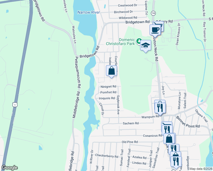 map of restaurants, bars, coffee shops, grocery stores, and more near 56 Lakeview Drive in Narragansett