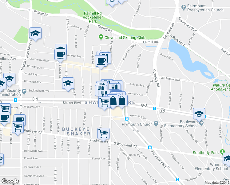 map of restaurants, bars, coffee shops, grocery stores, and more near 2653 North Moreland Boulevard in Cleveland