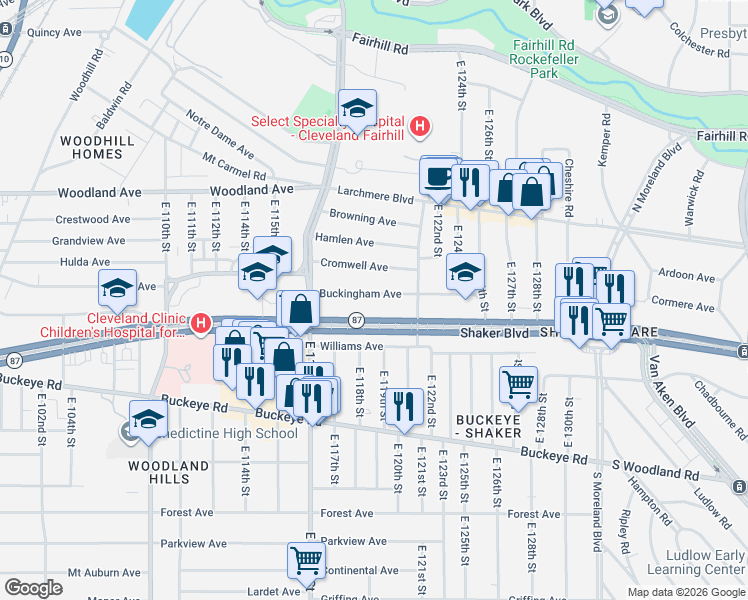 map of restaurants, bars, coffee shops, grocery stores, and more near 11823 Buckingham Avenue in Cleveland