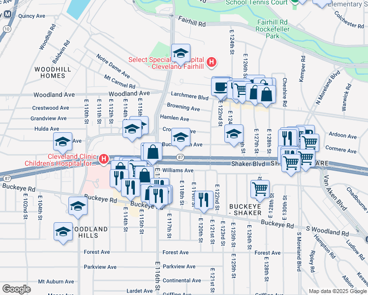 map of restaurants, bars, coffee shops, grocery stores, and more near 11821 Buckingham Avenue in Cleveland