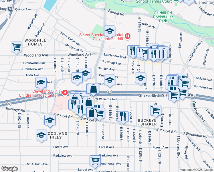 map of restaurants, bars, coffee shops, grocery stores, and more near 11707 Buckingham Avenue in Cleveland